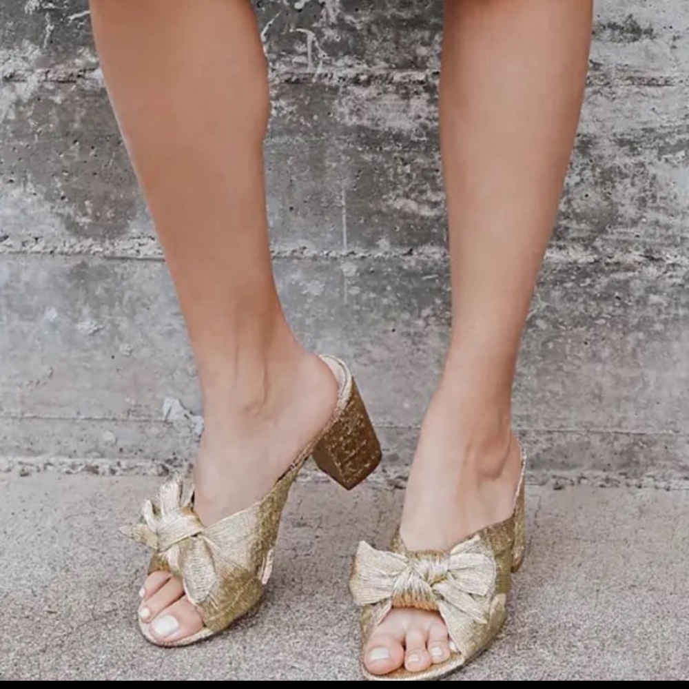 New Lulus Dorothea Metallic Rose Gold Bow Slip On Block Heel Size 10 - Picture 4 of 8